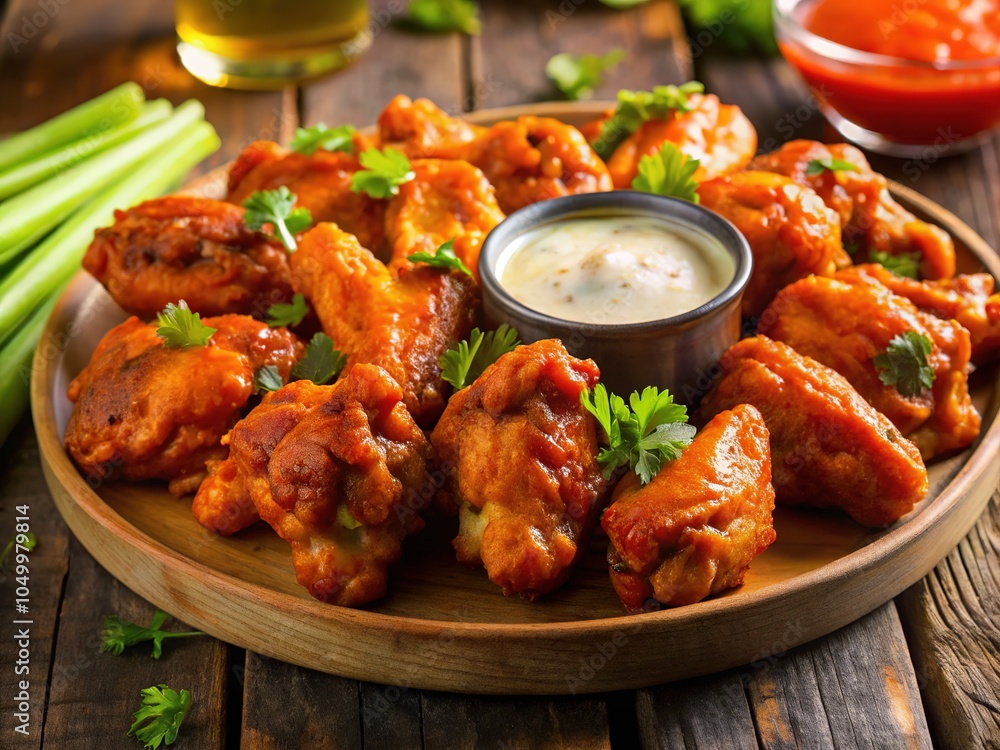Fototapeta premium Buffalo chicken wings with spicy sauce are the ultimate finger-licking treat, perfect for game day and parties, satisfying everyoneâ€™s cravings for bold flavors.