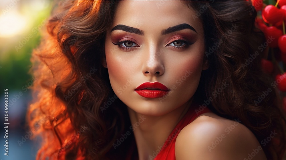 Fototapeta premium Captivating cherry lips, radiant beauty shines.