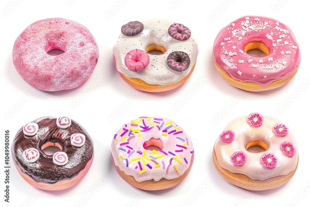 Row of six donuts with different toppings, including pink frosting and sprinkles. The donuts are arranged in a row, with the first one on the left and the last one on the right Row of six donuts with different toppings, including pink frosting and sprinkles. The donuts are arranged in a row, with the first one on the left and the last one on the right