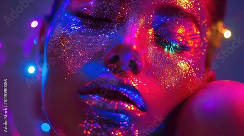 Close-up of a woman's face covered in glittery makeup with a purple and yellow glow.