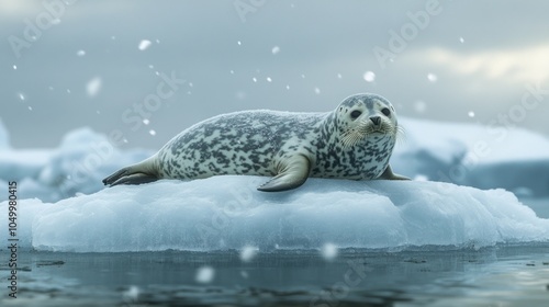 A harbor seal basks on an ice floe, a light snowfall gently falling around it.