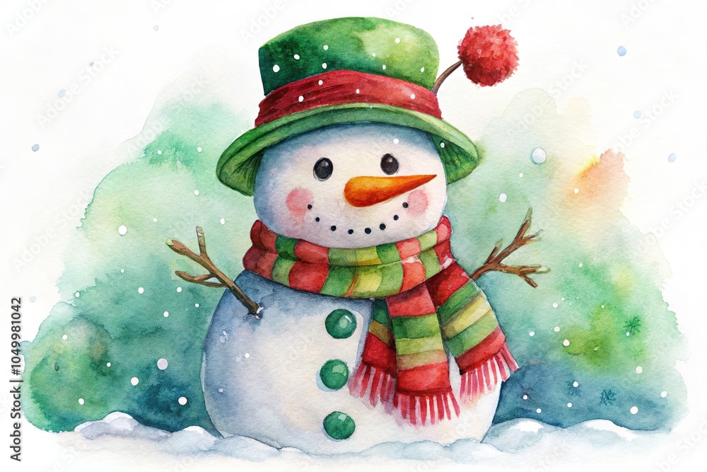Φωτογραφία Charming watercolor snowman adorned with a red scarf and green hat, ideal for Christmas decor and holiday card designs, adding a festive touch to your celebrations