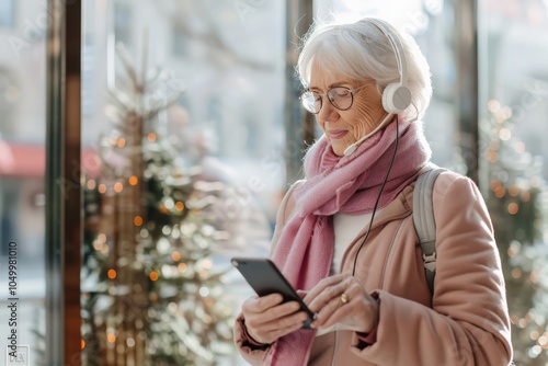 A senior woman dressed in a pink scarf and coat enjoying music through headphones indoors, surrounded by cozy decor and modern lifestyle, feeling relaxed. photo