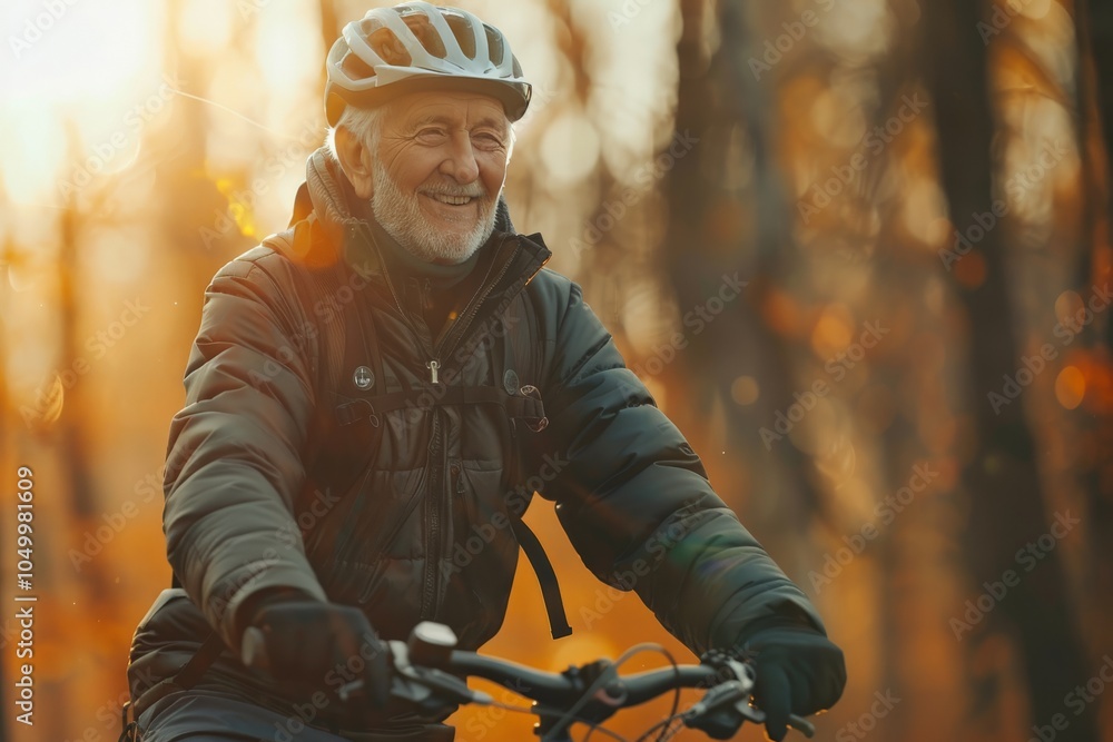 An elderly man joyfully cycles through an autumn forest, bathed in warm sunset hues, portrayed with happiness and vigor, embracing life's journey at any age. An elderly man joyfully cycles through an autumn forest, bathed in warm sunset hues, portrayed with happiness and vigor, embracing life's journey at any age.