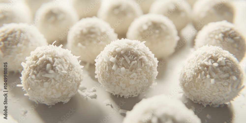 Close up of a white dessert with coconut flakes on top. The dessert is round and has a slightly bumpy texture. Concept of indulgence and luxury, as the dessert is likely a high-quality Close up of a white dessert with coconut flakes on top. The dessert is round and has a slightly bumpy texture. Concept of indulgence and luxury, as the dessert is likely a high-quality