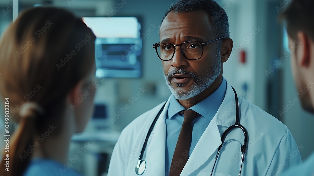 A group of diverse doctors in a hospital, discussing patient care, teamwork, and collaboration, modern healthcare setting A group of diverse doctors in a hospital, discussing patient care, teamwork, and collaboration, modern healthcare setting