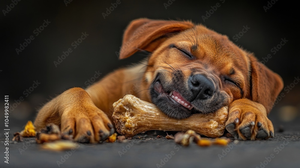 A happy puppy sleeps contentedly with a bone, showcasing joy and relaxation. A happy puppy sleeps contentedly with a bone, showcasing joy and relaxation.