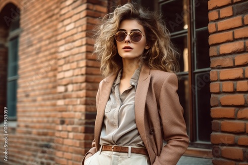 A fashionable woman stands confidently in oversized sunglasses and a beige blazer, showcasing her trendy outfit against a textured brick backdrop photo