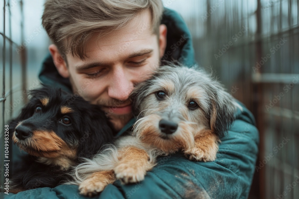 Man is hugging three dogs, one of which is a black and brown dog. The man is wearing a green jacket Man is hugging three dogs, one of which is a black and brown dog. The man is wearing a green jacket
