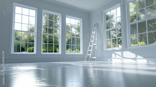 A bright, freshly renovated room with white walls, sunlight streaming through large windows, a step ladder in the corner, and protective plastic covering the floor. photo