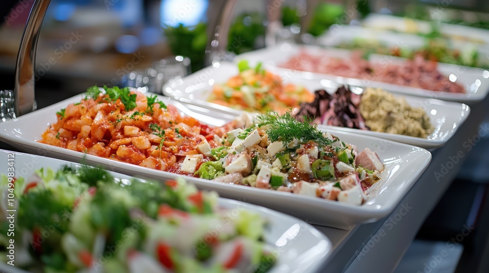 A variety of colorful salads displayed in serving dishes at a buffet. A variety of colorful salads displayed in serving dishes at a buffet.