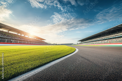 Low angle scenery of F1 Formula racing track under sunlight