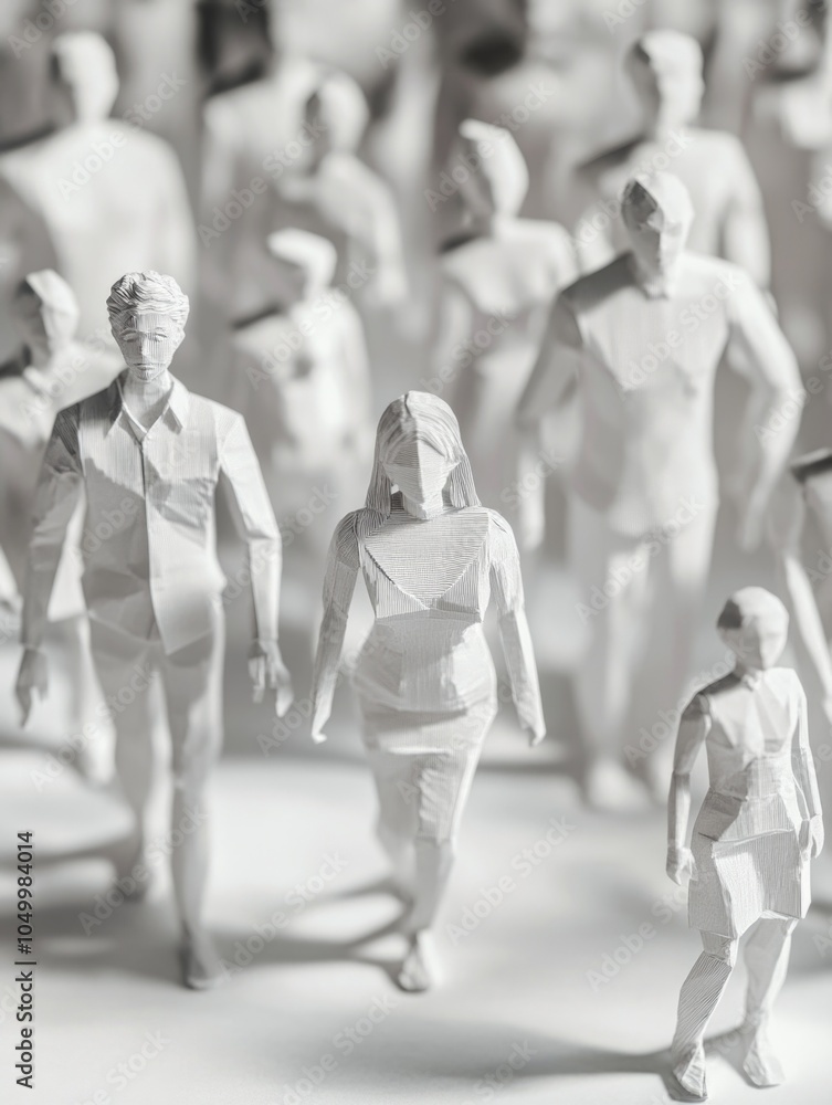 Obraz premium Group of people are walking in a line, with some of them being paper cutouts. Concept of unity and togetherness, as the people are all moving in the same direction