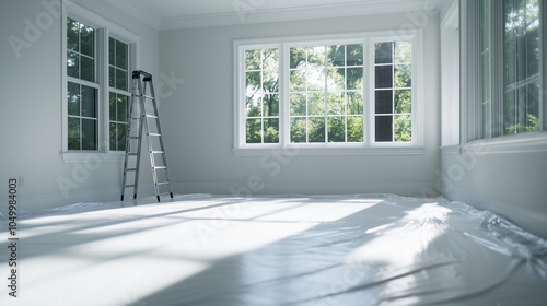 An empty living room after renovations, featuring freshly painted white walls, protective plastic on the floor, a step ladder, and large windows allowing natural light to flood the photo