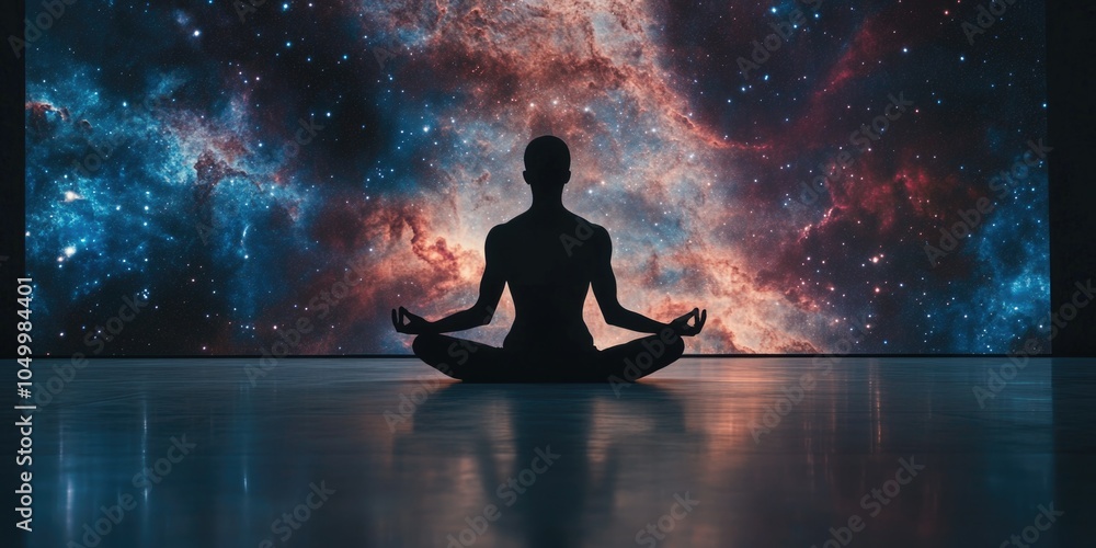 Person is meditating in front of a colorful galaxy. The scene is peaceful and serene, with the person in the center of the image and the galaxy surrounding them. The colors of the galaxy are vibrant Person is meditating in front of a colorful galaxy. The scene is peaceful and serene, with the person in the center of the image and the galaxy surrounding them. The colors of the galaxy are vibrant