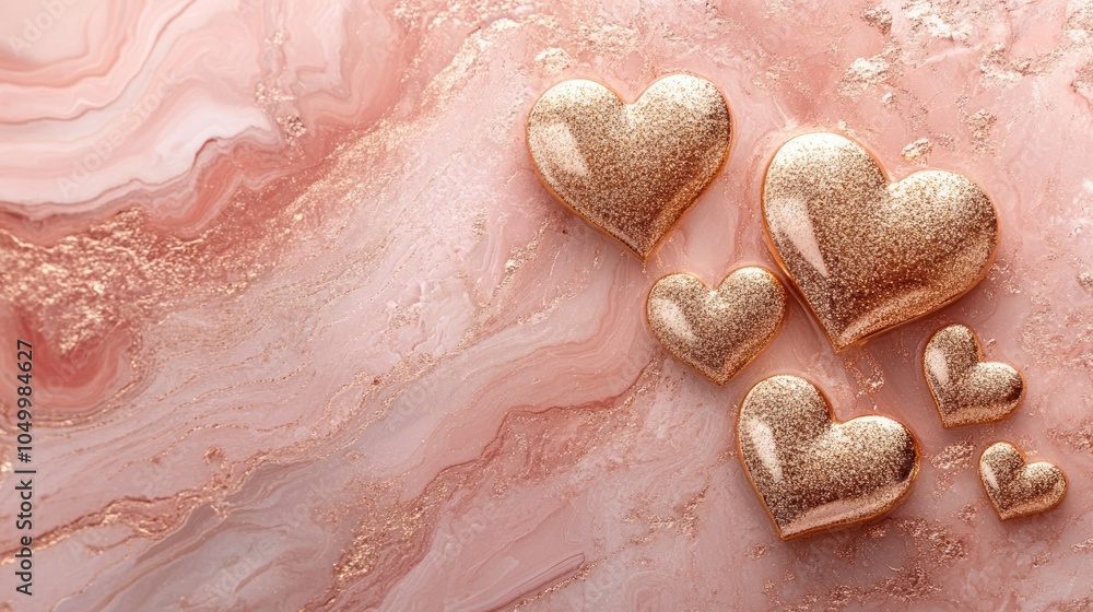 Fototapeta premium Rose gold hearts placed on a soft pink marble texture background