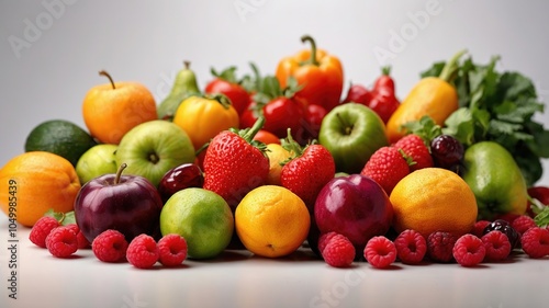 Fresh, vibrant fruits and vegetables stand out against a pristine white backdrop.