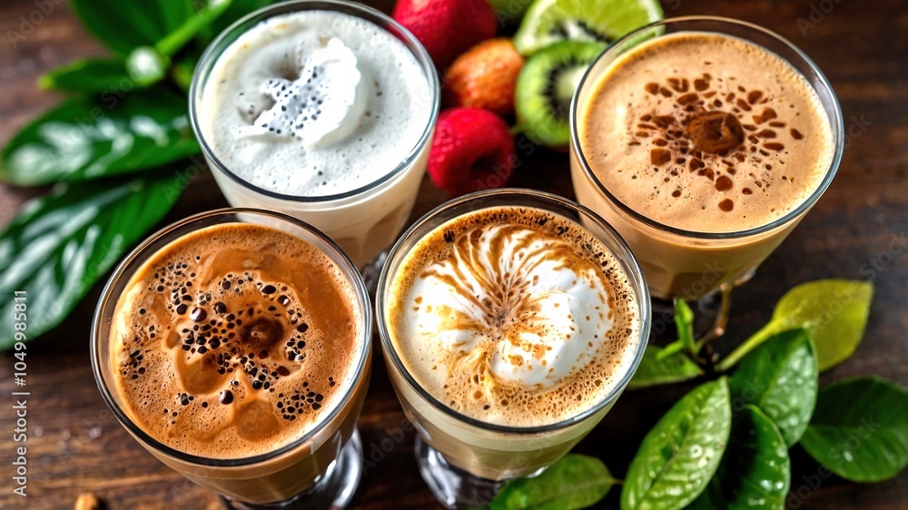 Frothy Dalgona clouds float atop icy coffee, a tempting aerial view. Frothy Dalgona clouds float atop icy coffee, a tempting aerial view.