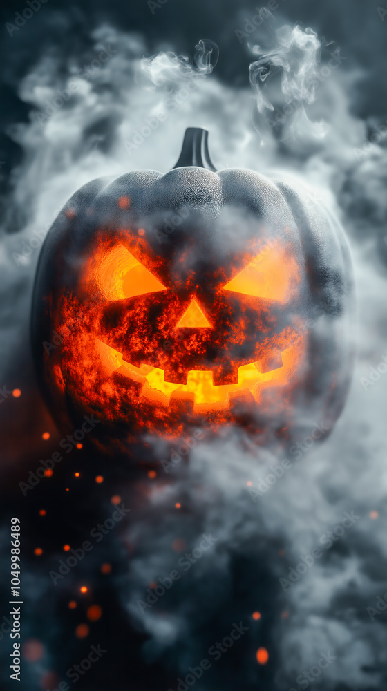 Smoking jack-o’-lantern glowing fiercely, surrounded by swirling smoke for a spooky Halloween effect Smoking jack-o’-lantern glowing fiercely, surrounded by swirling smoke for a spooky Halloween effect
