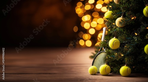 A festive Christmas tree decorated with tennis balls and illuminated by warm lights, accompanied by a tennis racket, with a bokeh effect in the background for a sporty holiday theme