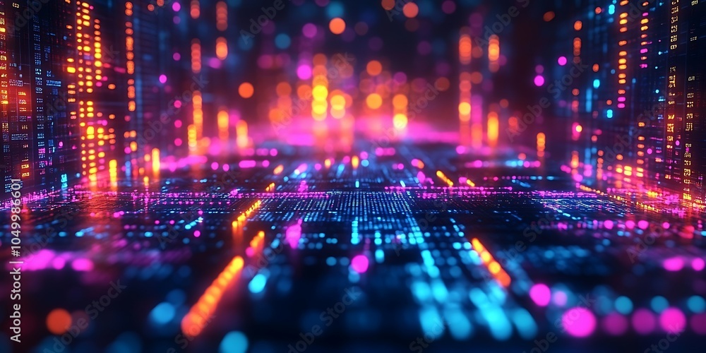 Fototapeta premium Abstract digital landscape with vibrant neon lights.