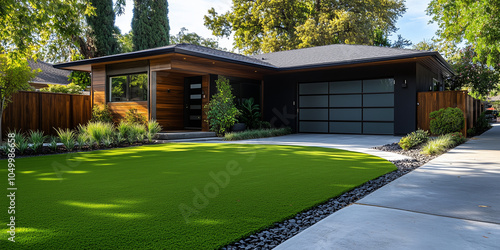 A sharp, contemporary home exterior with artificial grass neatly framed by wooden edges in the front yard, providing a stylish and low-maintenance solution. Plenty of copy space fo