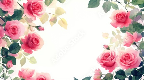 Beautiful bouquet of pink roses is displayed in a white background. The roses are arranged in a circular pattern, with some of them overlapping each other. Scene is one of elegance and romance