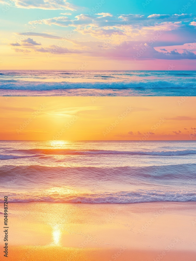 Fototapeta premium Beautiful sunset over the ocean with the sky in various shades of pink and orange. The water is calm and the waves are small