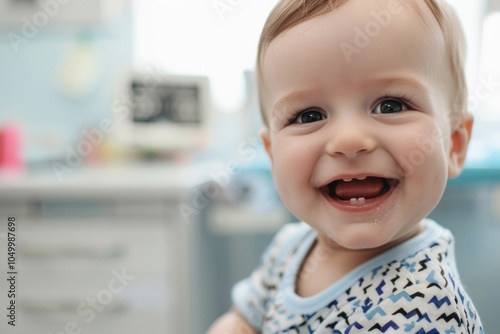 Baby is smiling and has a tooth missing. The baby is wearing a blue and white shirt