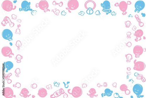 Simple frame in pink and light blue, thin frame lines. Simple Faces of babies, girls and boys. baby background