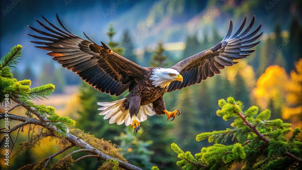 Obraz premium Majestic Bald Eagle Launching From Tree Branch in Natural Habitat - Captivating Wildlife Photography for Nature Lovers