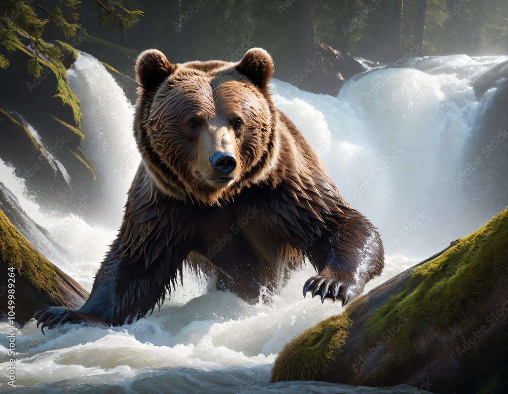 Obraz premium A striking and dramatic image of a small brown bear being swept away by the rushing current as it swims past a rotting tree. Detailed texture of the bear's fur and shows realistic water effects.