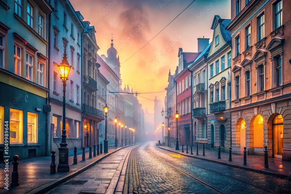 Fototapeta premium Misty streets of Poznan, Poland. Minimalist photography captures the quietude.