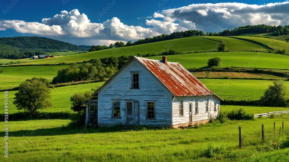 Rolling hills meet a weathered farmhouse, clouds drifting over a forgotten building. Rolling hills meet a weathered farmhouse, clouds drifting over a forgotten building.
