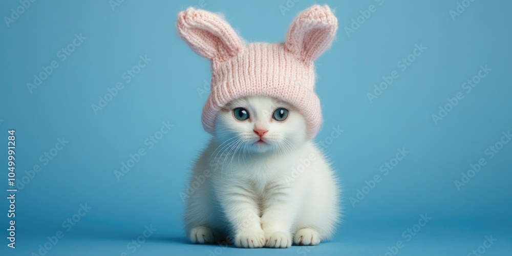 Fototapeta premium White kitten wearing a pink hat. The hat is knit and has a rabbit design. The kitten is sitting on a blue surface