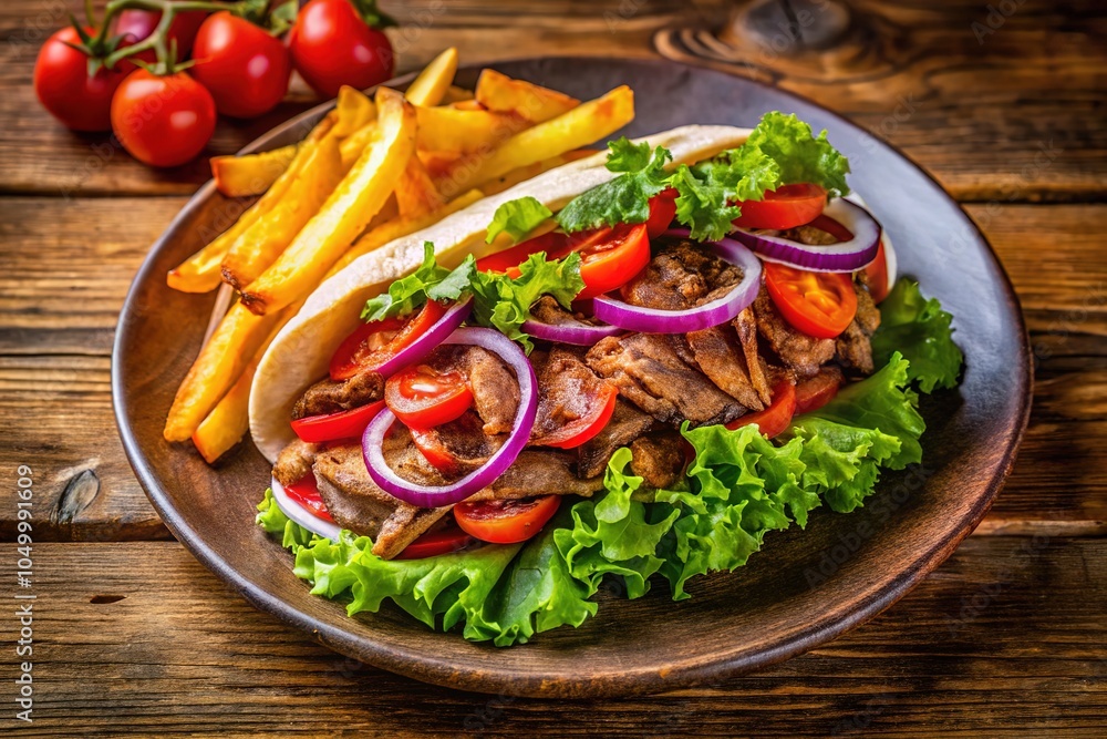 Savor the mouthwatering doner kebab paired with crispy French fries and a refreshing salad, all beautifully presented on a plate for a delightful dining experience. Savor the mouthwatering doner kebab paired with crispy French fries and a refreshing salad, all beautifully presented on a plate for a delightful dining experience.