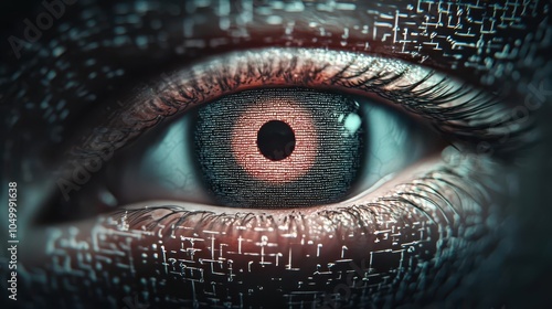 Eyeshaped biometric scanner overlaid on encrypted data, symbolizing secure identification and privacy photo