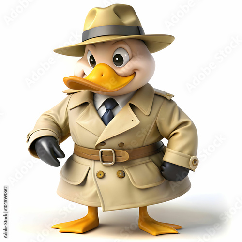 A clever duck, wearing a detective trench coat, investigates mysteries. photo