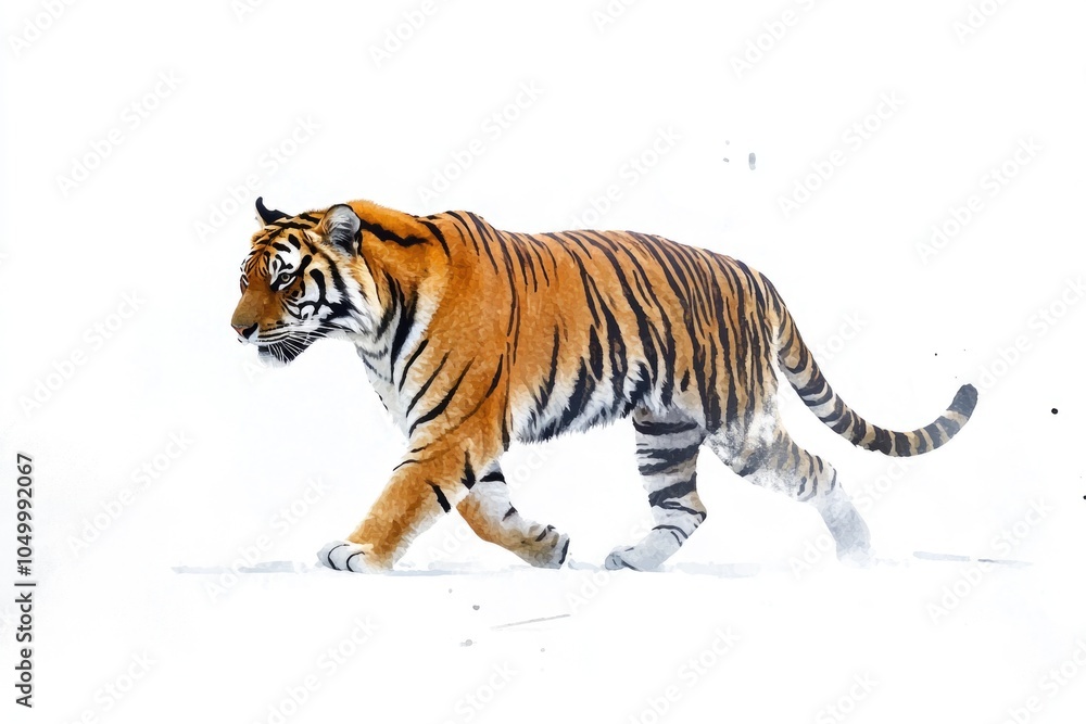 Obraz premium Tiger is walking across a snowy landscape. The tiger is the main focus of the image, and it is moving with purpose. The snowy background creates a sense of isolation and tranquility