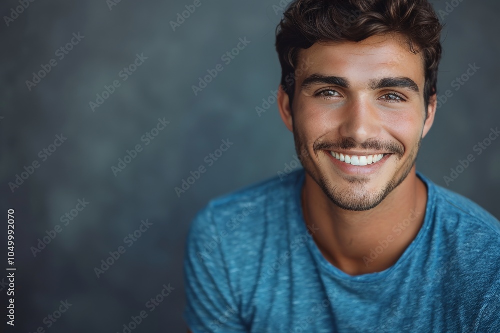 A young man wearing a blue shirt smiles warmly towards the camera, set against a soft-focus gray background, conveying joy, friendliness, and approachability. A young man wearing a blue shirt smiles warmly towards the camera, set against a soft-focus gray background, conveying joy, friendliness, and approachability.
