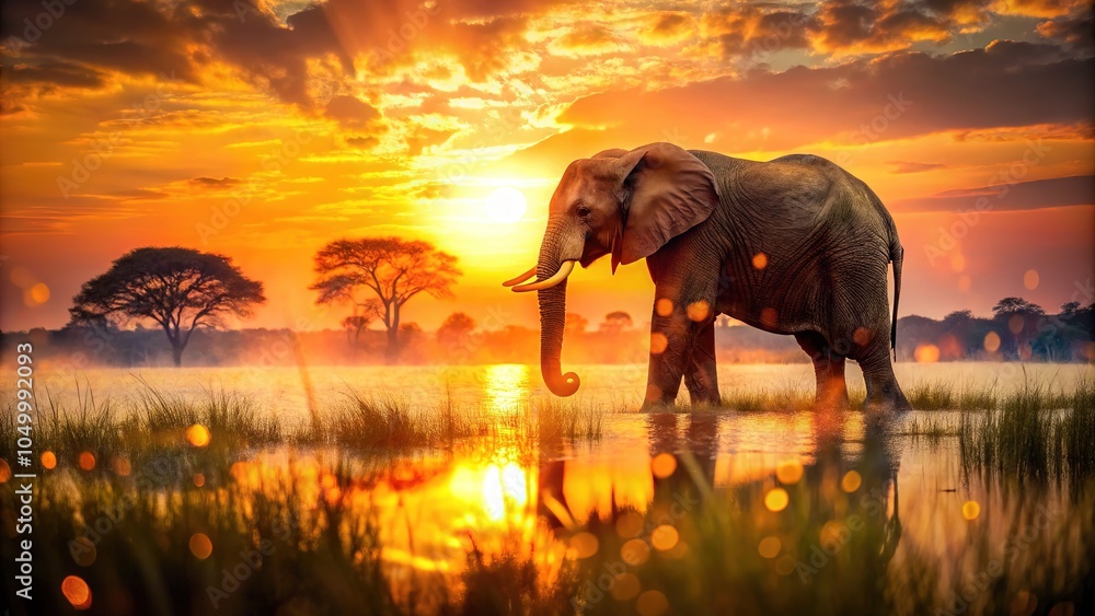 Fototapeta premium Silhouettes of African elephants against a fiery sunset in Botswana's Okavango Delta.