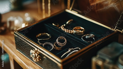 Black box with a gold trim is filled with various rings and bracelets. The jewelry is arranged in a way that makes it easy to see and appreciate each piece. Scene is elegant and sophisticated