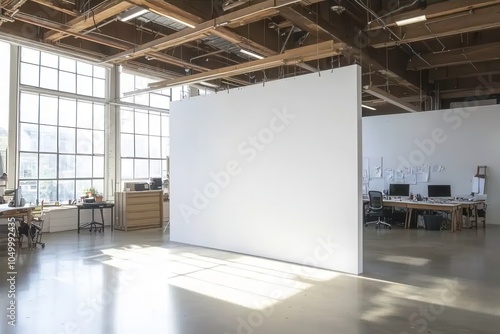 In the open office area, a white wall against tables, chairs and concrete creates an industrial look. Opposite is a similarly sized mock-up wall for creative presentations or team brainstorming.