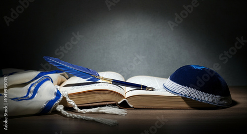 Book with a pen and a kippah symbolizing Jewish culture and religious traditions showcasing faith and reflection photo