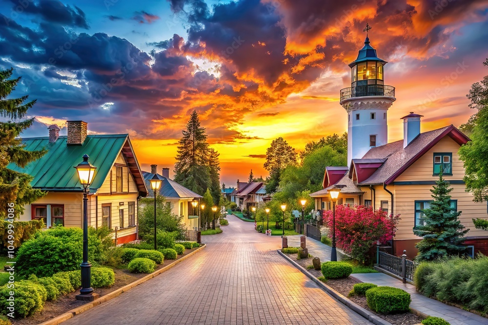 Fototapeta premium Sunset hues paint cottages in silhouette, a panoramic view of Svetlogorsk.