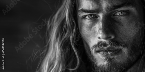 Man with long hair and a beard is staring at the camera. The image has a moody and dramatic feel to it, with the man's intense gaze and the dark background