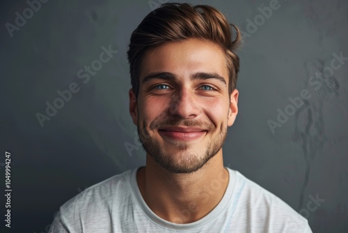 Portrait of a young man with blue eyes and a light beard, smiling warmly at the camera. He is wearing a casual white shirt against a simple dark background.