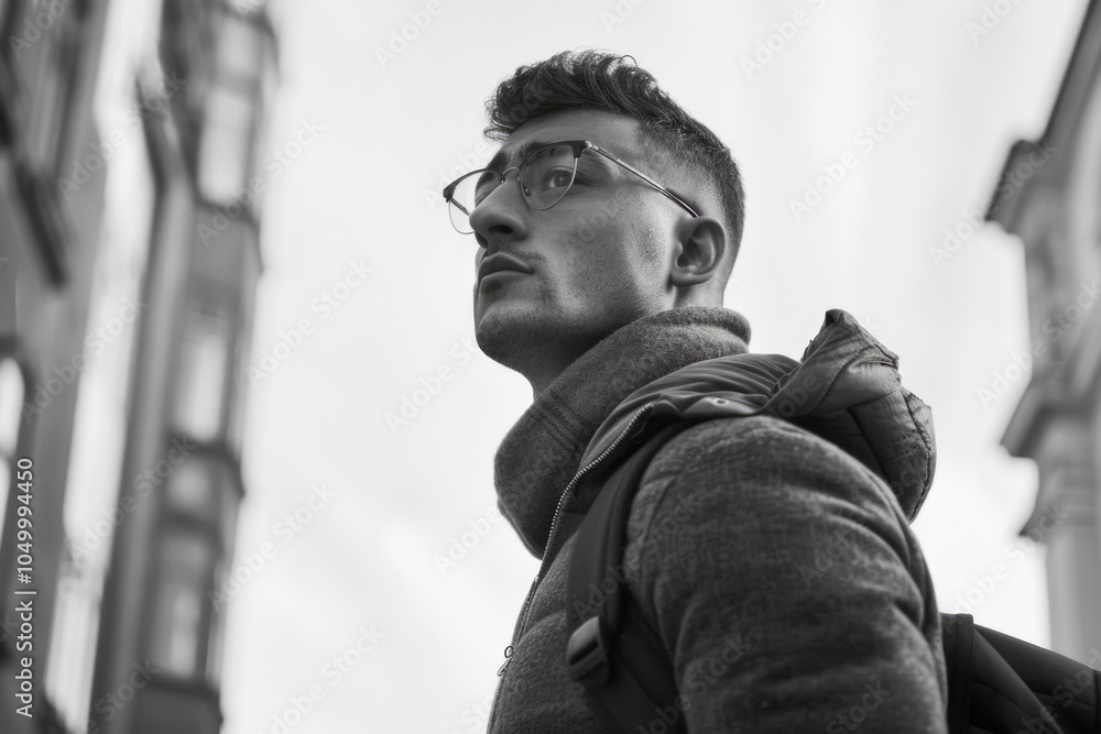 Man wearing glasses and a jacket is standing in front of a building. He has a backpack on his back Man wearing glasses and a jacket is standing in front of a building. He has a backpack on his back