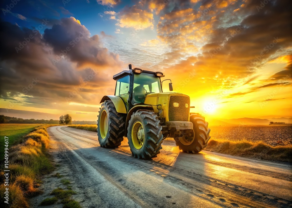 Fototapeta premium The yellow tractor shines, bathed in the golden sunset.