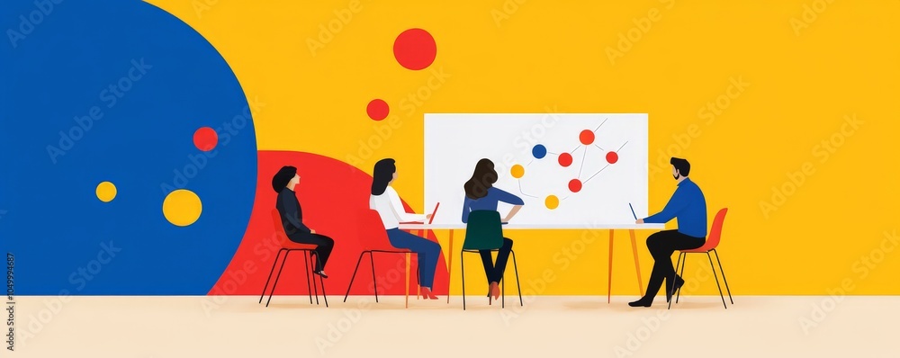 Fototapeta premium A group of professionals collaborates in a vibrant meeting room, discussing ideas around a whiteboard with colorful graphics.
